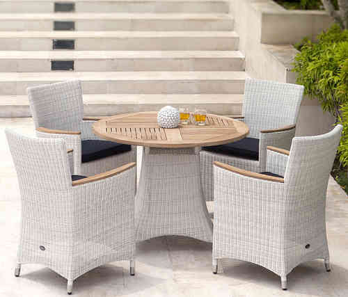 Zebra Polyrattan + Teak Esstisch Set 5-teilig 4x Sessel + Tisch 1m rund Loomus silkwhite -ohneKissen